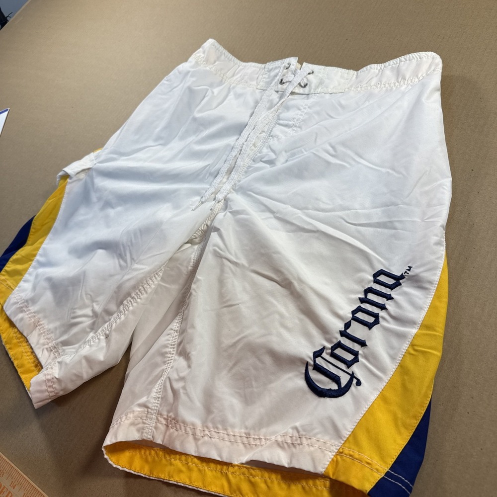 Corona Swim Trunks Mens Large 34 White Blue Beer Logo Lined Board Surf Shorts